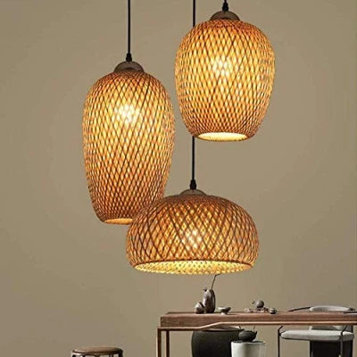 Afbeelding van Rotan Bamboe Hanglamp Retro Stijl Lantaarn Kroonluchter Antiek Hout Eetkamerlamp Landhuis Hanglampen Rieten Lampenkap Slaapkamer Woonkamer Bar Plafondlamp E27 Lamphouder 3 Lamps