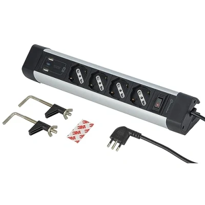Afbeelding van Electraline 61918 meervoudige stekkerdoos voor bureau, 4 plaatsen, veelzijdig, Schuko + 10/16 A, met 3 USB (2 A 3.0 1 C 20 W Power Delivery), kabel H05VV F 3G.1, lengte 2 m,