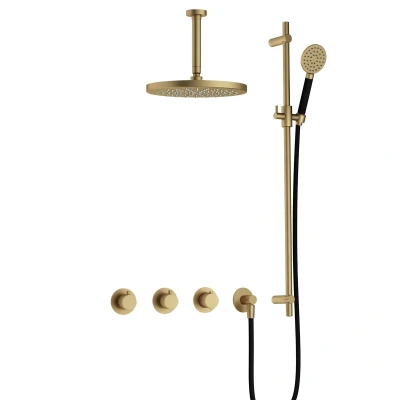 Afbeelding van Hotbath Cobber Regendoucheset IBS70 Geborsteld Messing Ronde handdouche 30cm Hoofddouche 15cm Plafondbuis Handouche met glijstang