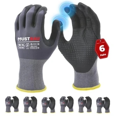 Afbeelding van Mustbau 6 paar touchscreen werkhandschoenen met zwarte parelpunten, nitril handschoenen, slijtvast, geventileerd, ideaal voor werk, tuinieren, mechanica, bouwplaats (grijs, XL)