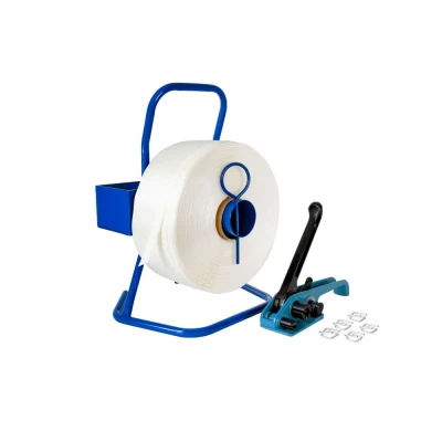 Afbeelding van Startersset Polyesterband 25 Mm Uitgebreid Diverse (1 Rol Band 25mm, 100 Gespen, 1 AVT spanner, Draagbare Haspel)