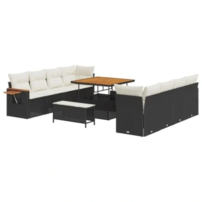 Afbeelding van vidaXL 11 delige tuinsofa set met kussens zwart poly rattan acacia, 3 tuin eetset acacia
