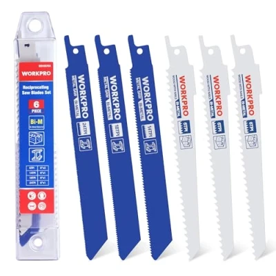 Afbeelding van WORKPRO 6 delige reciprozaagbladenset Sabrezaagbladen voor metaal/hout snijden Bimetalen zaagbladen set met kunststof opbergdoos compatibel de meeste reciprozaag