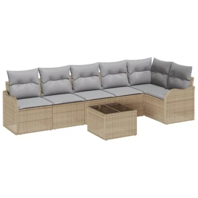 Afbeelding van vidaXL 7 delige Tuin Sofa Set met Kussens Zwart Poly Rattan, 2 zits Beige Rattan