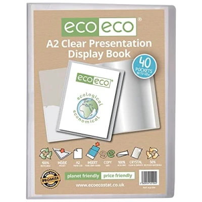 Afbeelding van eco A2 Maat 50% Gerecycleerd 40 Pocket Clear Presentatie Display Book, Opbergkoffer Portfolio Art Folder met Plastic Sleeves, eco104