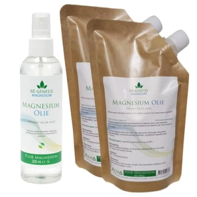 Afbeelding van Magnesiumolie 1 Ltr navulfles en 200 ml spray van Ré genesis Magnesiumspray Magnesiumchloride Spierolie voordeelpakket