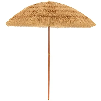 Afbeelding van GIANTEX Parasol Hawaii Ø 200 cm tuinscherm balkonscherm knikbaar strandscherm met franjes terrasparasol verankering rond scherm beige