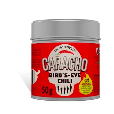 Afbeelding van CARACHO 50 g Bird Eye chilivlokken 100% extreem scherp chilipoeder in metalen kruidenpot/Scoville: 100.000 200.000 / Chili specialiteit