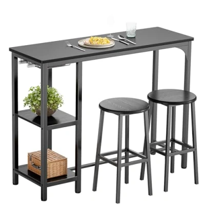 Afbeelding van Bealife Bartafel met barkrukset voor 2 personen, set van planken en glazen houders, keukenbartafelset keuken, woonkamer, eetkamer (Zwart)