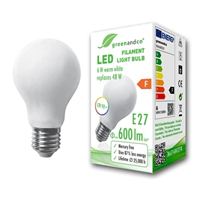 Afbeelding van greenandco® CRI90+ filament LED lamp vervangt 48 Watt E27 mat, 6W 600 Lumen 2700K warm wit gloeidraadlamp 360 230V AC glas, niet dimbaar, flikkering vrij