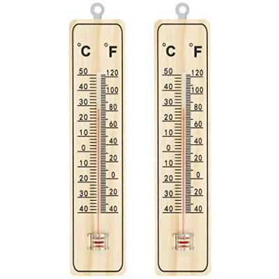 Afbeelding van COM FOUR® 2x thermometer houten voor binnen temperatuurmeter met schaalverdeling in graden Celsius en Fahrenheit (02 stuks 22x5x1cm)
