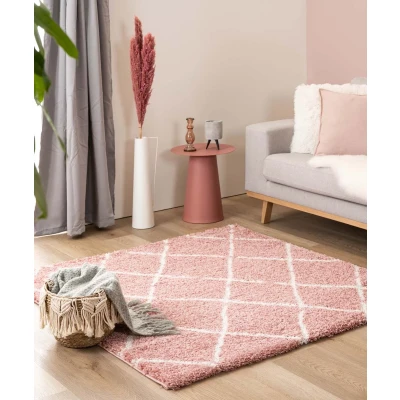 Afbeelding van Vierkant Hoogpolig Vloerkleed Ruiten Artisan Roze/wit 140x140 Cm