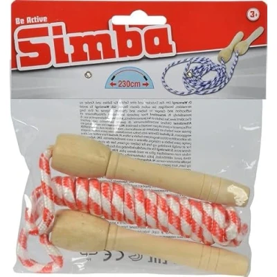 Afbeelding van Simba 107301006 Springtouw Super Jump, 3 assorti, slechts één artikel wordt geleverd, met naturel houten handvat, rood, blauw, of geel, touw 230cm, vanaf 5 jaar