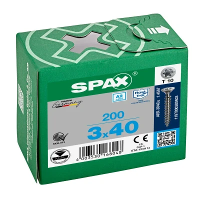 Afbeelding van Spax spaanplaatschroeven platverzonken kop RVS T Star T10 voldraad 3.0x40mm (per 200 stuks)