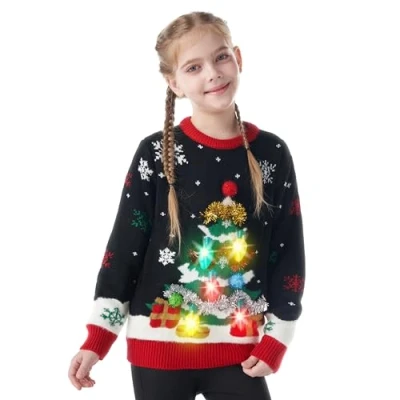 Afbeelding van Giggling Getup lelijke kersttrui voor kinderen, kerstboom met ledverlichting, trui, zwart, 10 12 Jaar