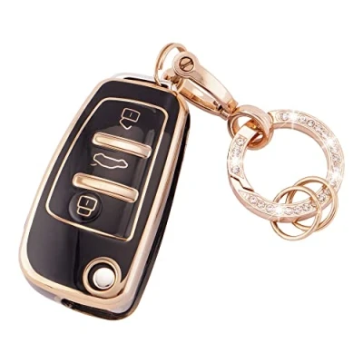 Afbeelding van Koaudb Autosleutelzakje Cover Fit voor Audi A1 A3 A4 A6 A8 Quattro Q3 Q7 S3 S6 RS3 RS6 R8 TT TTS 3 Knoppen Flip Key Case Soft TPU Sleutel Schelpen met Sleutelhanger Zwart Goud (R Ad B)