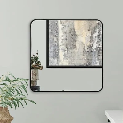 Afbeelding van Americanflat spiegel van 60 cm, vierkant, zwart, met afgeronde hoeken, aluminium frame, wandspiegel voor slaapkamer, badkamer en woonkamer, grote aan de muur ophangmateriaal