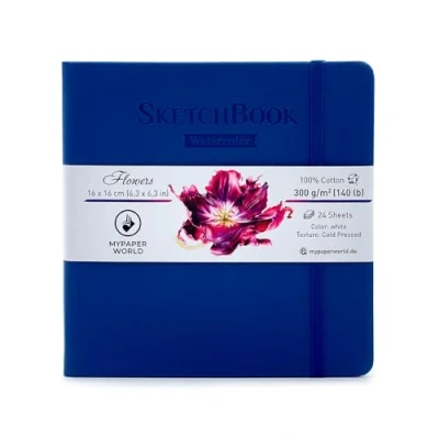 Afbeelding van Mypaperworld Aquarel schetsboek, 300 g 100% katoen, koud geperst, 24 vellen, 16x16cm donkerblauw