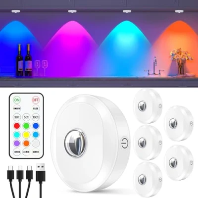Afbeelding van WILLED USB oplaadbare RGB led spots batterij met afstandsbediening, draadloze vitrineverlichting, timerfunctie, kleurverandering, kastverlichting, magnetische dimbare onderbouwlamp, keuken,