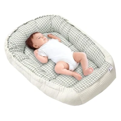 Afbeelding van Medi Partners Babynest Knuffelnest 100% Katoen Wafel Reisbedje Voor baby&#039;s Zuigelingen 100x60x15cm Veilige sluiting (Plaid met olijfkleurige Wafel)
