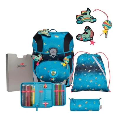 Afbeelding van DerDieDas Schooltas ErgoFlex Tiny Exklusiv LED Schulranzenset 5 delig Rainbow Star Turquoise