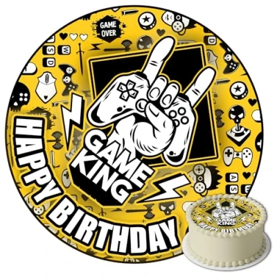 Afbeelding van J&amp;M DECO Taarttopper Verjaardag Decoratie Gamer Motief Taart Topper Eetbare Papieren Fondant Rond 20 cm Taartdecoratie Eetbaar Cake Birthday Decoration