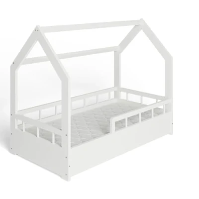 Afbeelding van MS FACTORY Huisbed met Matras 70x140 cm Kinderbed valbeveiliging Dennenhouten bed lattenbodem Halve Barrière Wit