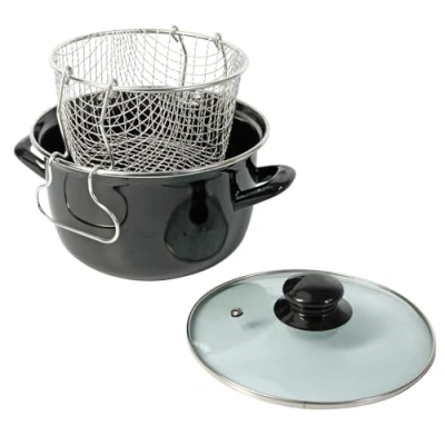Afbeelding van Crealys 545413 Traditionele friteuse van geëmailleerd staal, zwart, Ø 26 cm, met vertinde mand + glazen deksel, voor alle warmtebronnen, inclusief inductie