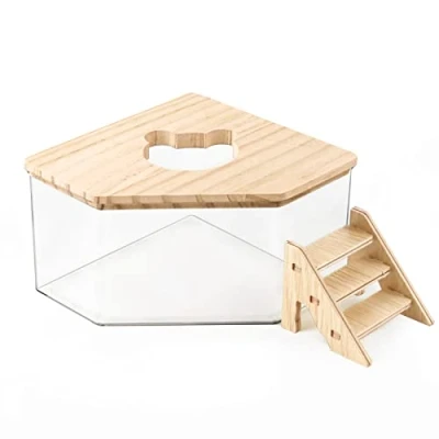 Afbeelding van hamster zandbad, vijfhoekhamster, zandbak met klimladder, grote acryl graafkist houten deksel, zandbad voor hamsters en kleine dieren (acryl)
