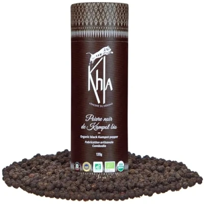 Afbeelding van KHLA Zwarte Kampot peper Premium IGP 120g peperkorrels verkregen uit biologische landbouw