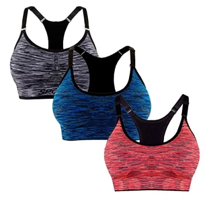 Afbeelding van Libella 3 stuks sportbeha, bustier, comfortabele beha, ritssluiting, gevoerde push up, steunfunctie, verstelbare bandjes, zonder beugel, yoga, fitness, pack zwart + blauw oranje, S M