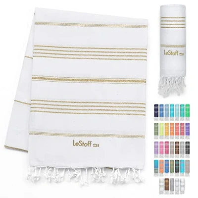 Afbeelding van LeStoff de traditionele Hamamdoek Strandlaken Badhanddoek Saunahanddoek Douchehanddoek Spa Sport Yoga Reizen 100% Biologisch Katoen. Duurzaam, natuurlijk, zacht en voorgewassen. (95 x 180 cm, White Gold)