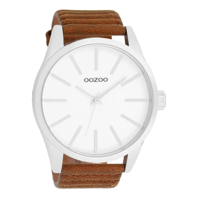 Afbeelding van OOZOO Timepieces Zilverkleurige horloge met bruine leren band C9410