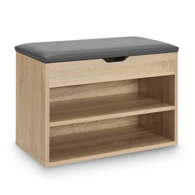 Afbeelding van Juskys schoenenrek met klapdeksel en gevoerde zitting, 60 x 30 44 cm, smalle houten zitbank bekleding, zwart lichtgrijs