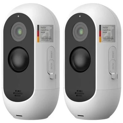 Afbeelding van PetTec® Cam Free 2 delige set draadloze huisdiercamera, hondencamera met app, zonder ABO val, katten en voor binnen buiten, bewegingsdetectie spraakfunctie, accu tot 9 maanden