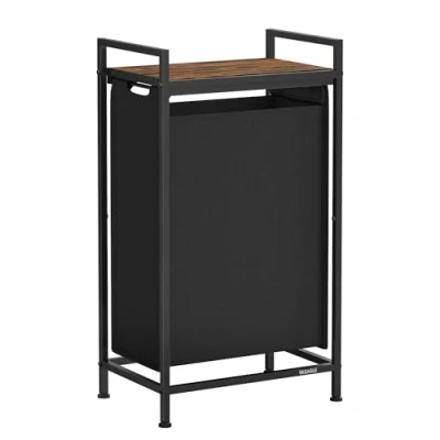 Afbeelding van VASAGLE wasmand, wasmand met plank, wasbox, waszak van uittrekbaar verwijderbare Oxford stof, metalen frame, 47 L, 42 x 28 75 cm, inktzwart vintage bruin BLH001B01