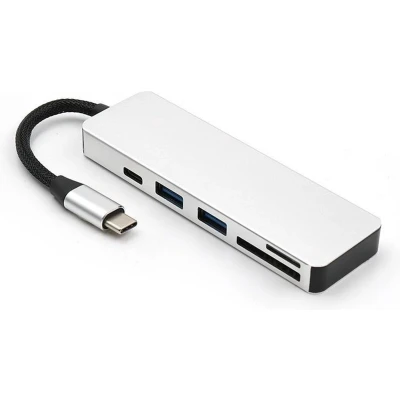 Afbeelding van USB Splitter &amp; SD Kaartlezer Hub 3.0 2 Poorten C aansluiting Aluminium Zilver