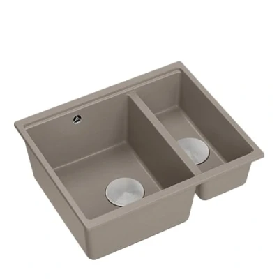 Afbeelding van Quadron dubbele spoelbak, keukenspoelbak, afmetingen 55,5 x 46 22 cm, zacht taupe en staal, Logan 150 granieten wastafel, gootsteen, kastbouw vanaf 60 onderbouwbak