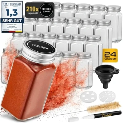 Afbeelding van Cuccinara® Kruidenpotjesset, vierkant, 24 stuks, 120 ml 10,5 cm x 4,3 cm, met kruidenetiketten, strooiinzet en witte krijtstift voor het beschrijven van de etiketten, siliconen trechter +