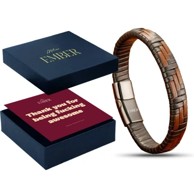 Afbeelding van Atelier EMBER Handgemaakte Leren Armband Heren Cadeauset Awesome Zwart &amp; Bruin RVS 20 CM + 1,5 Luxe Sieradendoos Giftset Originele Cadeautjes voor Mannen Verjaardag, Papa, Vriend, Vader, Opa Geschenkset Cadeaupakket