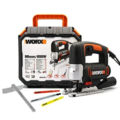 Afbeelding van WORX WX478.1 decoupeerzaag, 650 W met gereedschapskoffer, pendelzaag toerentalelektronica voor nauwkeurig zagen van hout, metaal en pvc, 1 stuk