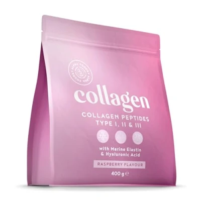 Afbeelding van Alpha Foods Collageen poeder met Hyaluronzuur &amp; Elastine Collagen peptides type 1, 2 en 3, drink supplement van 400 gram voor 26 shakes of porties, Framboos smaak