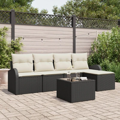 Afbeelding van vidaXL 5 Delige Tuin Sofa Set met Kussens Bruin Poly Riet, 2 Persoons Opslag &amp; Zwart Riet