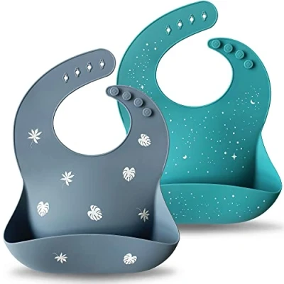 Afbeelding van siliconen babyslabbetjes, set van 2, BPA vrij, waterdicht, zacht, duurzaam, verstelbare slabbetjes voor baby&#039;s en peuters, Passatlier/groenblauw