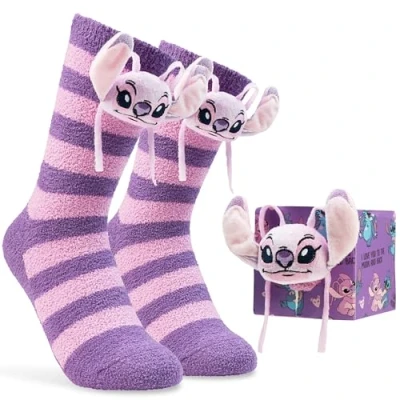 Afbeelding van Disney Pluizige pantoffelsokken voor dames, antislip bedsokken cadeaus haar, Paarse Engel, one size