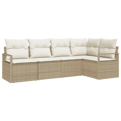 Afbeelding van vidaXL 5 Delige Tuin Sofa Set met Kussens Beige Poly Rattan, 2 Persoons Rattan