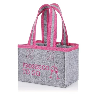 Afbeelding van FunX Flessentas Prosecco to go vilten tas voor 6 flessen grijs met draaglussen en opdruk veelzijdig inzetbaar 19x12x14 cm, grijs/roze, drankzak