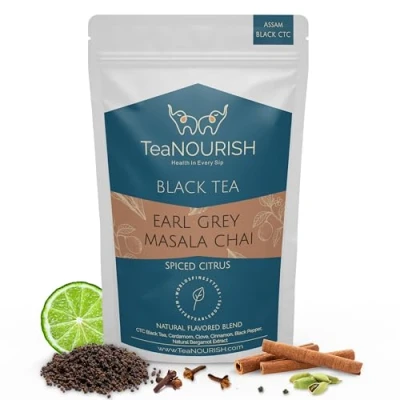 Afbeelding van TeaNOURISH Earl Grey Masala Chai Tea Spiced Citrus Blend of Assam CTC, Cardamom, Cinnamon, Black Pepper, Clove, NATURAL Bergamot Extract 100% 100g
