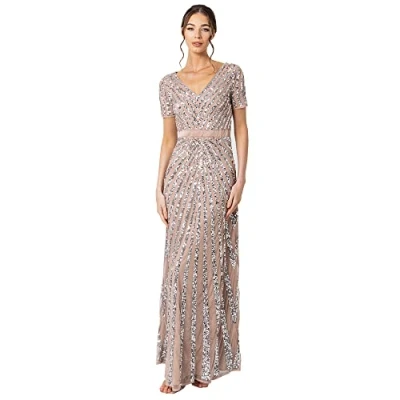 Afbeelding van Maya Deluxe Maxi dames verfraaid pailletten jurk lange korte mouw V hals hoge Empire taille een cut glanzend prom bruiloft bruidsmeisje, Taupe Blush, 38