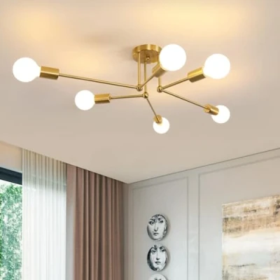 Afbeelding van Comely Sputnik Moderne kroonluchter, 6 lampen, industriële plafondlamp, vintage, E27, goud, plafondlamp van ijzer, voor woonkamer, slaapkamer, eetkamer, diameter 70 cm (zonder lamp)